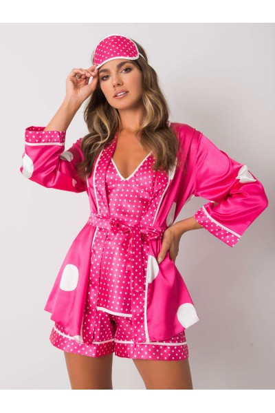 Taškuotos satino pižamos rinkinys su chalatu (rožinės spalvos)